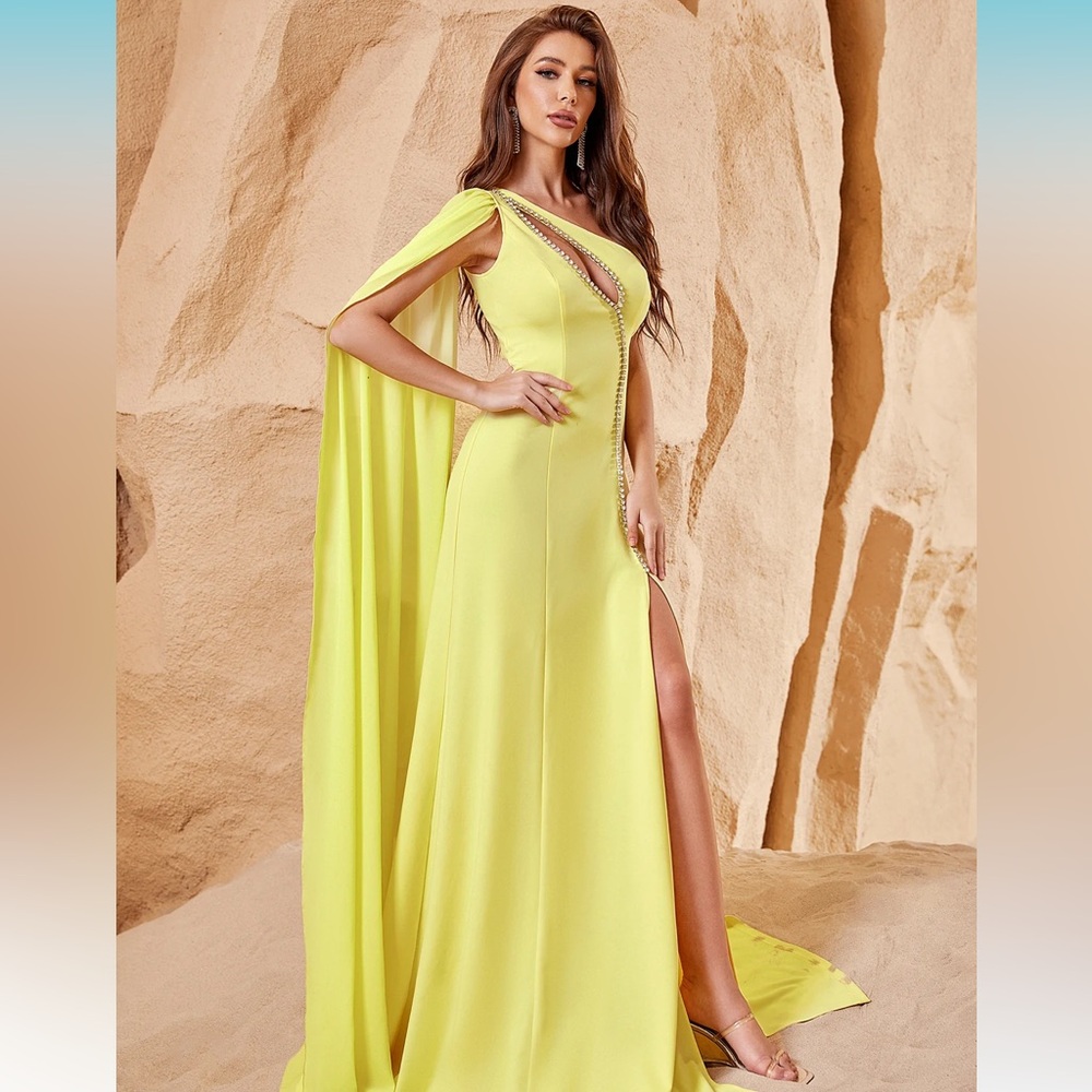 NEW One Shoulder Rhinestone Detail Cut Out Thigh Slit Dress